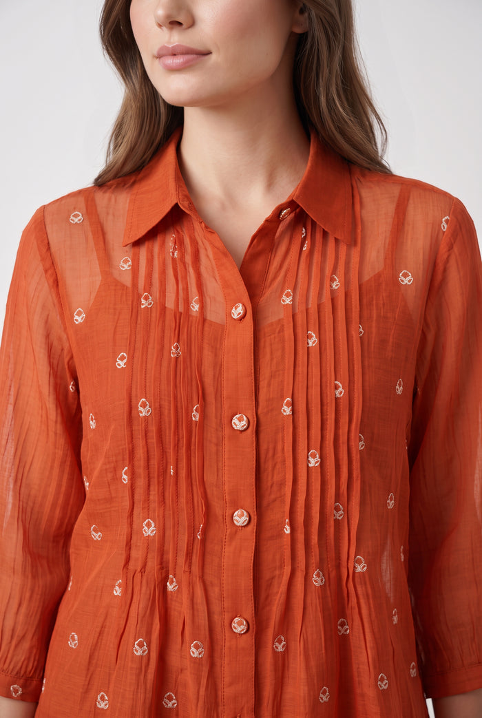 Rust Orange Pintuck Mul Chanderi Embroidered Co-ord Set