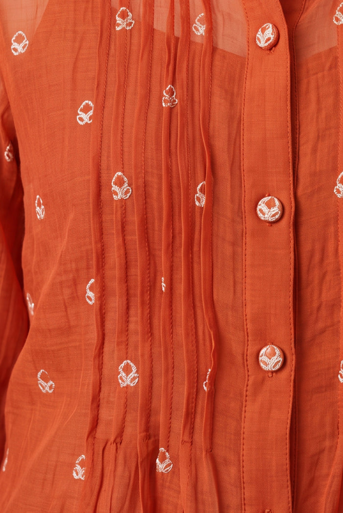Rust Orange Pintuck Mul Chanderi Embroidered Co-ord Set