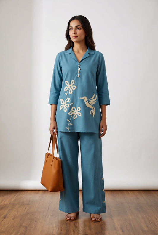 Sky Blue Bird Embroidered Cotton Co-ord Set