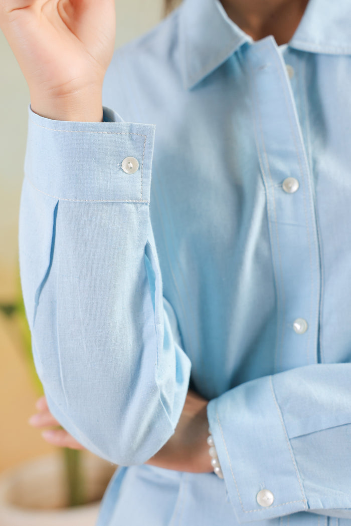 Sky Blue Solid Cotton Flex Shirt Style Waist-Tie Co-ord Set