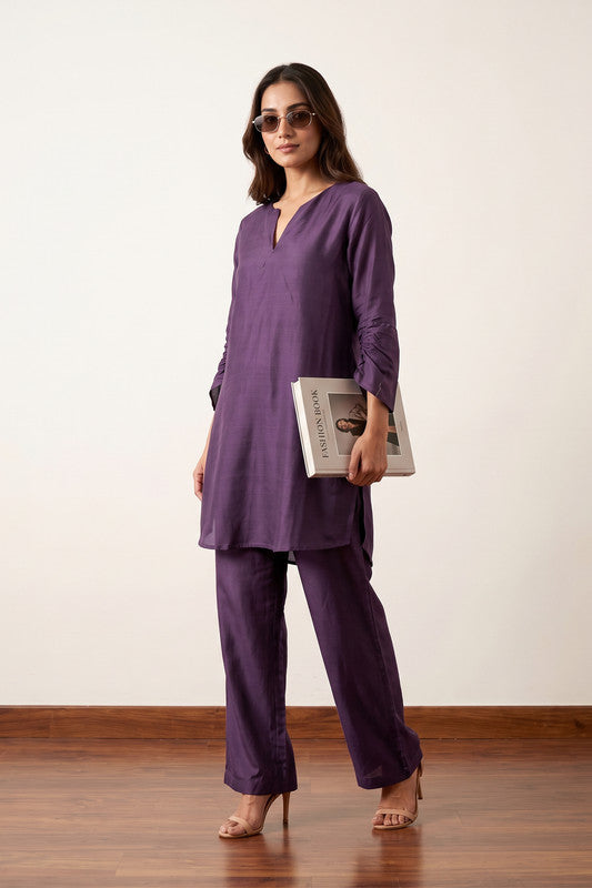 Solid Purple V-Neck Longline Tunic with Straight-Fit Trousers Russian Silk Co-ord Set.