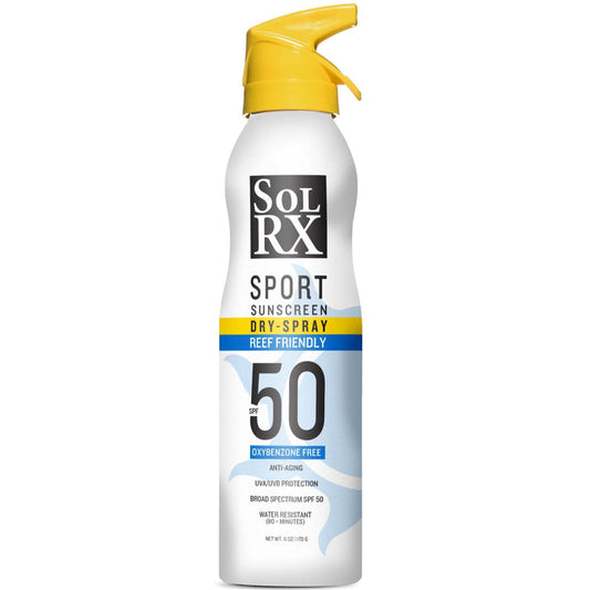 SPORT SPF 50 Sunscreen Spray | SolRX Sunscreen in a white bottle with yellow spray nozzle, offering broad spectrum, water-resistant, reef-friendly sun protection for active skincare.