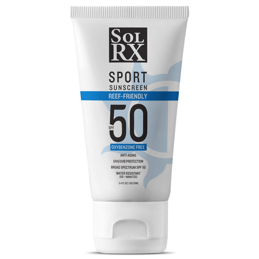 SPORT Sunscreen SPF 50 | SolRX Sunscreen in a white squeeze tube with blue accents, offering broad spectrum UVA/UVB protection and water resistance for skincare and body care.