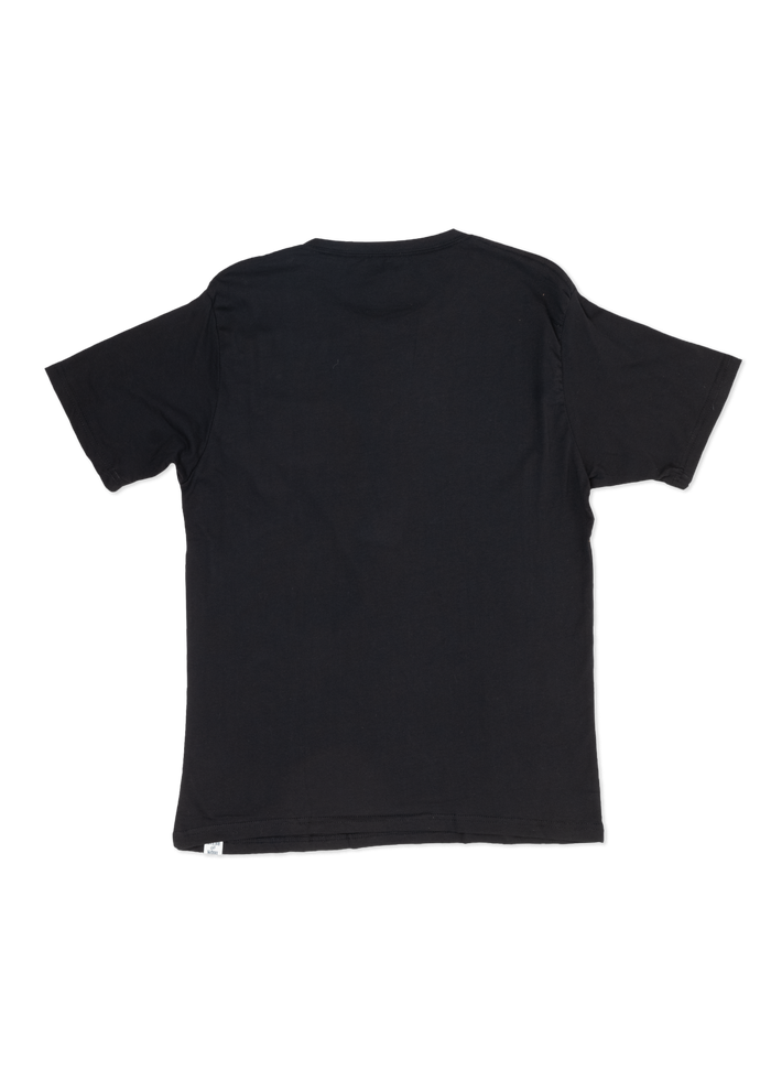 Black T-shirt laid flat, showing the back with short sleeves and a small white tag at the bottom hem against a plain background.