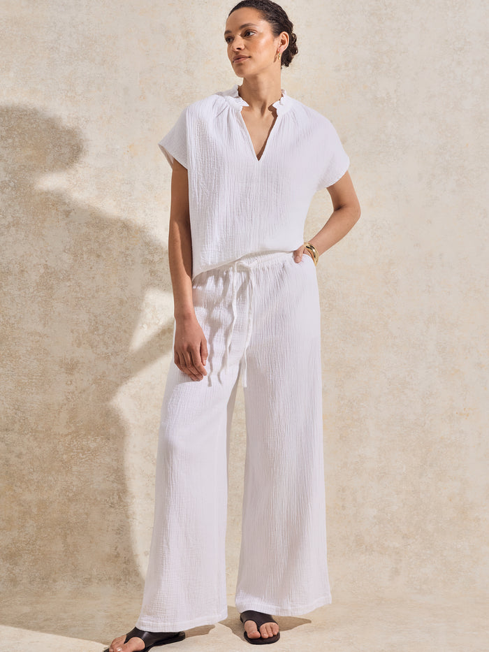White Cheesecloth Wide-Leg Trousers