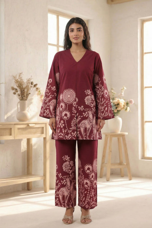 Wine Floral & Ethnic Printed Cotton Co-ord Set