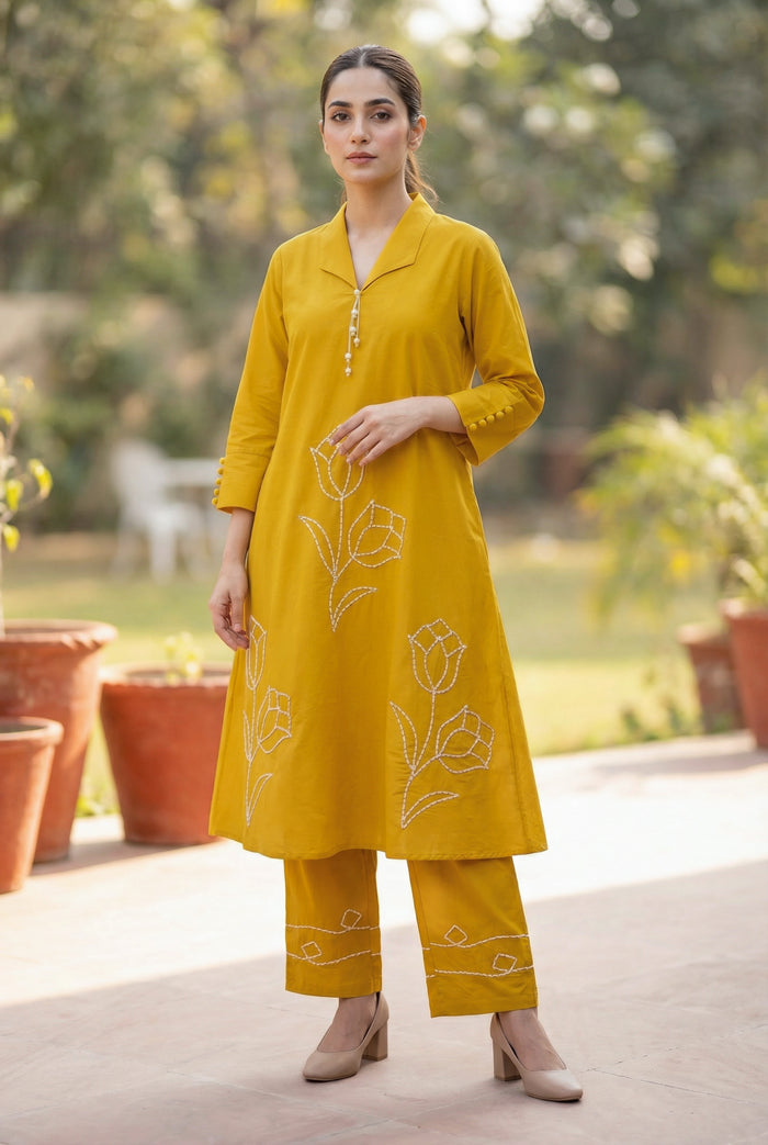 Yellow Embroidered Tulip Floral Threadwork Two-Piece Cotton Co-ord Set