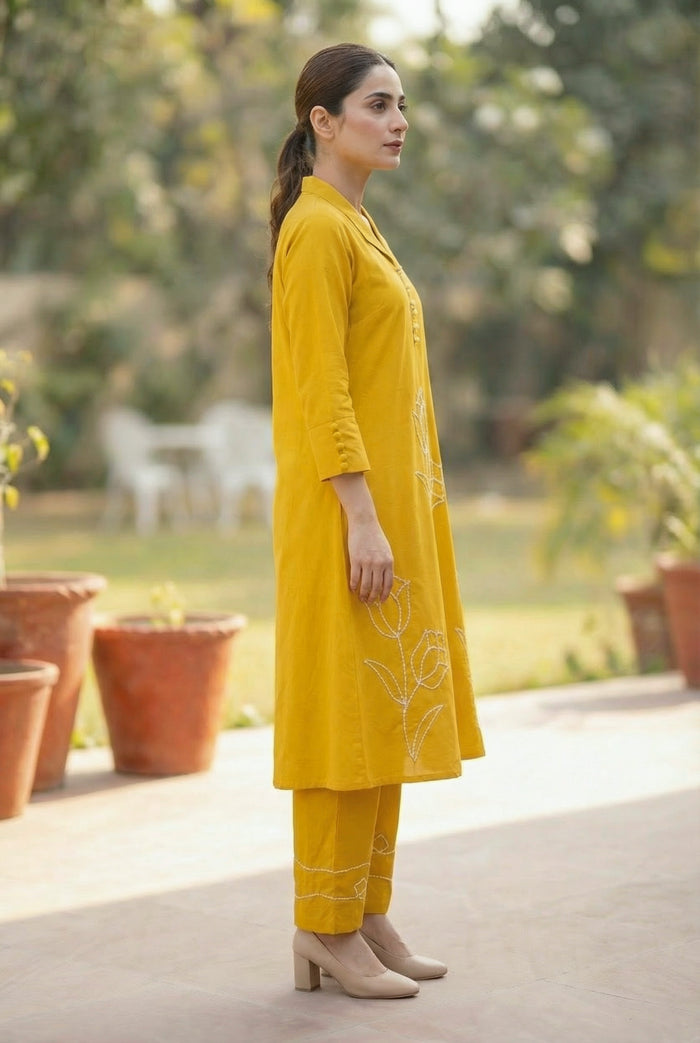 Yellow Embroidered Tulip Floral Threadwork Two-Piece Cotton Co-ord Set