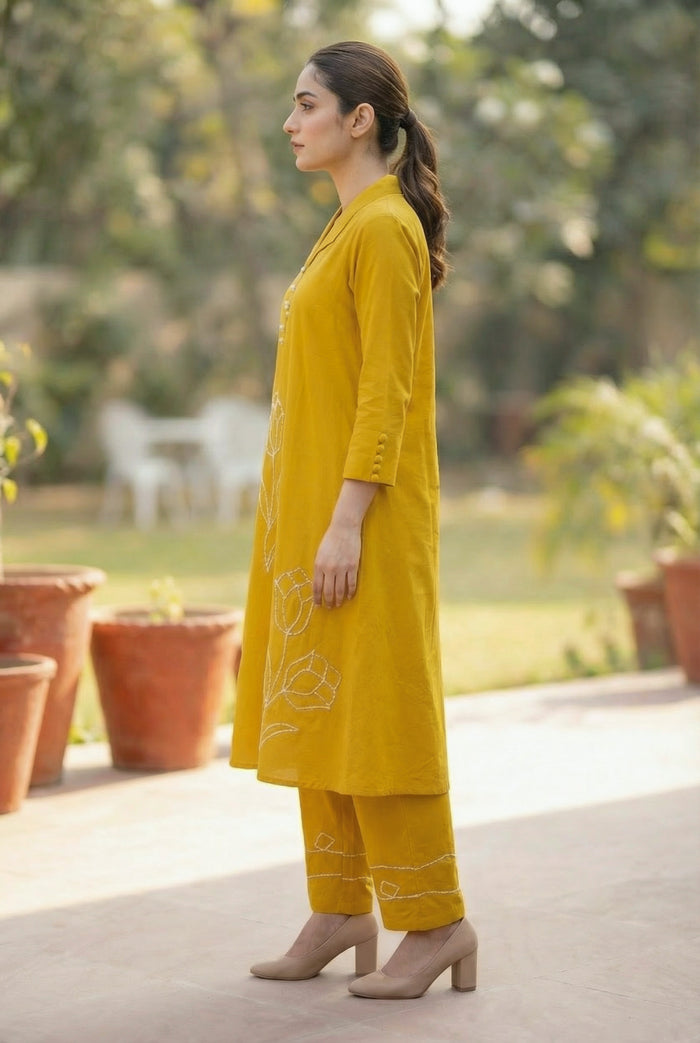 Yellow Embroidered Tulip Floral Threadwork Two-Piece Cotton Co-ord Set