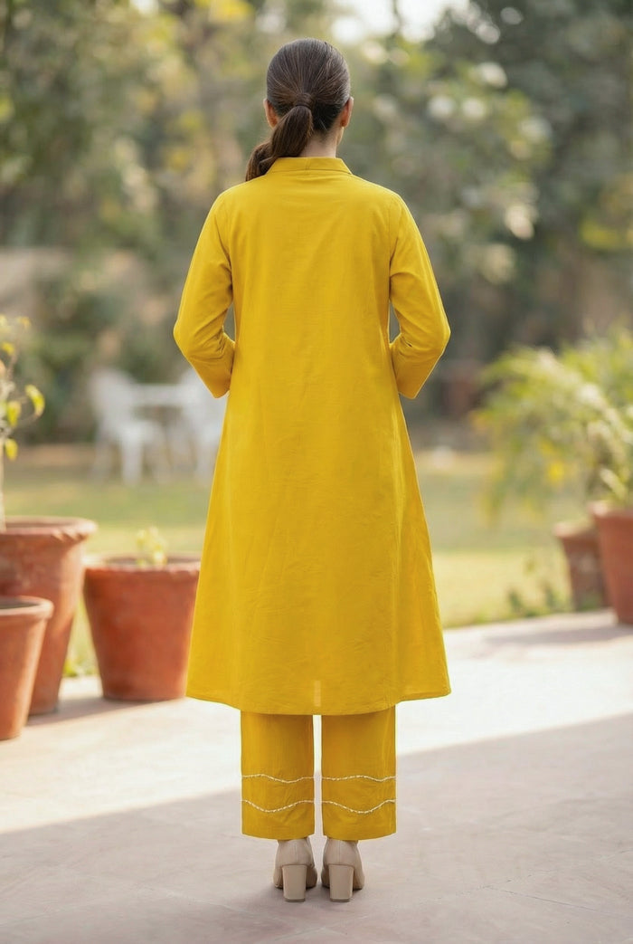 Yellow Embroidered Tulip Floral Threadwork Two-Piece Cotton Co-ord Set