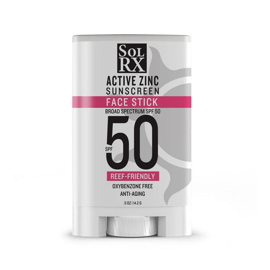 Zinc Sunscreen Stick for Face | SolRX Sunscreen with broad spectrum SPF 50, reef-friendly, oxybenzone free, and anti-aging formula for effective skincare protection.